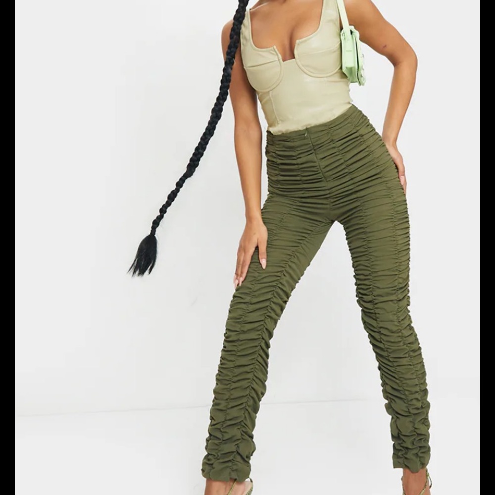 Khaki Ruched Leg Woven Skinny Pants